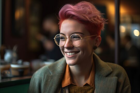 Capture an authentic moment of a genderqueer individual with brightly colored hair, laughing and enjoying a cup of coffee at a cozy, eclectic caf&eacute;. Generative AI