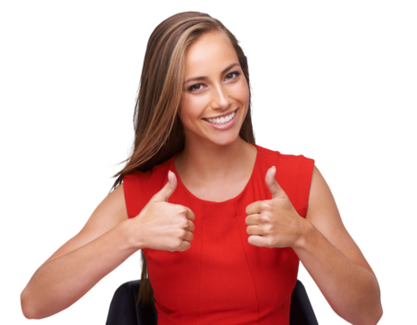 Business woman, thumbs up and portrait isolated on transparent, png background in thanks, support or like sign. Success, winning and person in office chair with yes and okay hands or good luck emoji