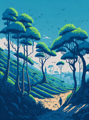Kolukkumalai tea plantations landscape. AI generated illustration
