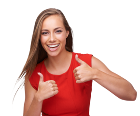 Woman portrait, thumbs up and success isolated on transparent, png background for thank you, support or like sign. Winning, thanks and happy person in yes, good job and agreement hands or okay emoji