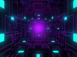 3d render, glowing lines, tunnel, neon lights, virtual reality, abstract background, square portal, arch, pink blue spectrum vibrant colors, laser show, generative ai