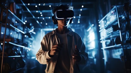 A riveting depiction of a person interacting within a computer-generated world, emphasizing the power of technology to enable immersive adventures. Generative AI