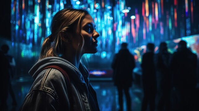 An awe-inspiring image of a person watching a 3D projection mapping show, capturing the wonder and excitement of immersive visual experiences. Generative AI