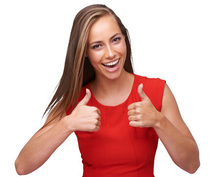 Happy woman, thumbs up and portrait isolated on transparent, png background for thank you, support or like sign. Success, wow and winning of excited person with yes and okay hands or good luck emoji