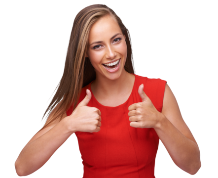 Happy woman, thumbs up and portrait isolated on transparent, png background for thank you, support or like sign. Success, wow and winning of excited person with yes and okay hands or good luck emoji