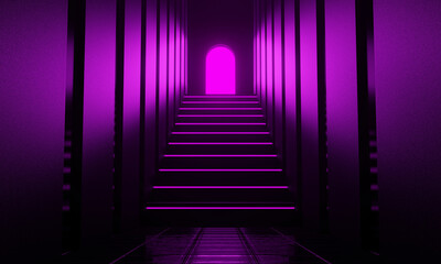 Pink futuristic neon cyberpunk stairs in door. 3d render