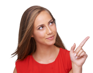 Happy, girl and woman pointing, decision and thinking isolated against a transparent background. Female person, model and hand gesture for choice, emoji and idea with direction, opportunity and png