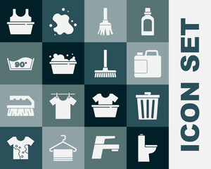 Set Toilet bowl, Trash can, Bottle for cleaning agent, Feather broom, Basin with soap suds, Temperature wash, shirt and Handle icon. Vector