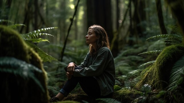 A serene image of a person meditating in a lush forest, embracing the tranquility of nature. Generative AI