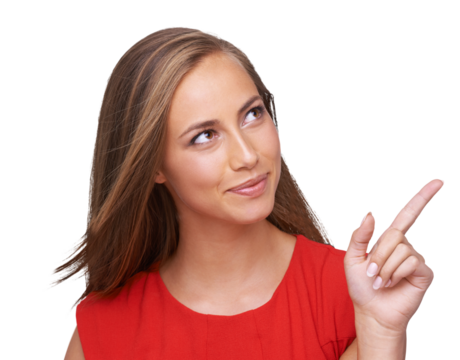 Happy, girl and woman pointing, decision and thinking isolated against a transparent background. Female person, model and hand gesture for choice, emoji and idea with direction, opportunity and png