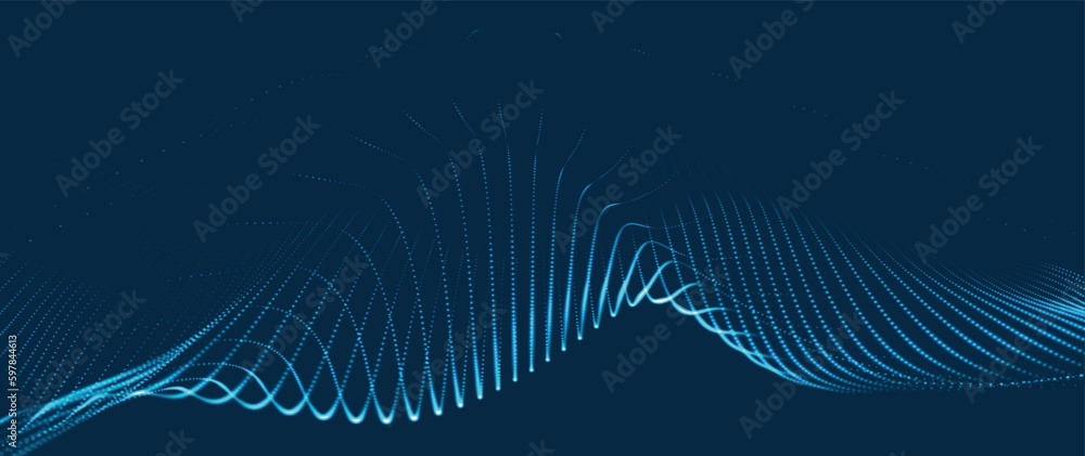 Poster wave of particles. futuristic dots pattern on dark background. big data digital code. technology or 