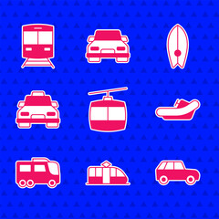 Set Cable car, Tram and railway, Car, Rafting boat, Bus, Taxi, Surfboard and Train icon. Vector