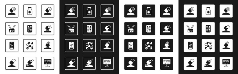 Set Sad and depressed man, bad mood, Sedative pills, Psychology, Good, Finding problem in psychology, Dreams and Online psychological counseling icon. Vector