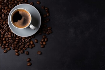 Obraz na płótnie Canvas Cup of coffee and coffee beans on dark bac, generative ai