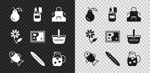 Set Pear, Lighter, Kitchen apron, Fish, French baguette bread, Jug glass with water, Flower and Folded map icon. Vector