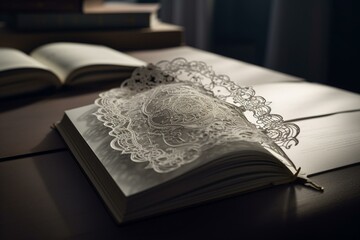 A book mockup features a bookmark adorned with lace. Rendered in 3D. Generative AI - obrazy, fototapety, plakaty