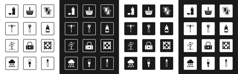 Set Bread toast, Spatula, Wine corkscrew, Thermos container, Sauce bottle, Picnic basket, Checkered napkin and Road traffic sign icon. Vector