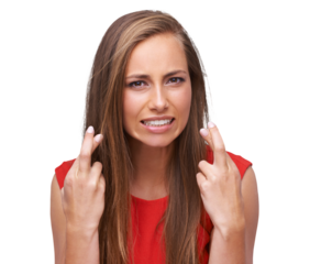 Wish, stress, and isolated woman with fingers crossed or portrait, hope or anxiety or face, transparent png or background. Worried, hand gesture and person waiting in suspense for positive outcome
