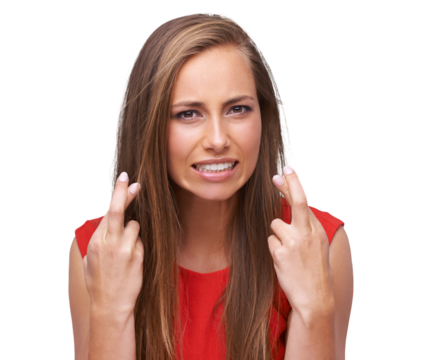 Wish, stress, and isolated woman with fingers crossed or portrait, hope or anxiety or face, transparent png or background. Worried, hand gesture and person waiting in suspense for positive outcome