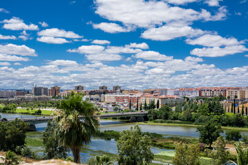 Fototapeta premium Panorama of Badajoz overlooking the Guardiana river, Extremadura of Spain