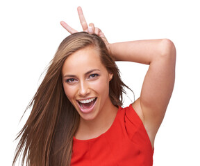 Isolated, finger pose with bunny ears and portrait, woman and funny meme for happy comedy, on...
