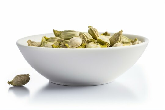 White Bowl Holds Cardamom Pods Isolated On White, Viewed From The Side. Generative AI