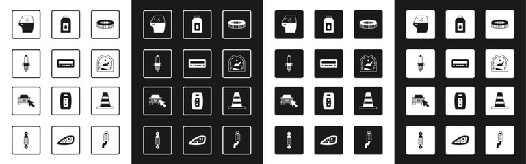 Set Car air filter, audio, spark plug, door, Motor gas gauge, Canister for motor machine oil, Traffic cone and Online car sharing icon. Vector