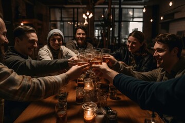 An authentic image of a group of coworkers sharing a celebratory toast after successful project, capturing the essence of camaraderie. Generative AI