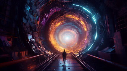 A colorful image in blue and orange colors depicting an unknown figure walking towards a wormhole. The image evokes a sense of mystery and adventure. Generative AI.