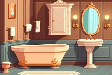 Classical style bathroom with a freestanding tub, pedestal sink, and mirrored toilet. Generative AI