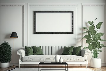 empty picture frame for your artwork hanging on the wall and a couch, a light, some plants, and a cup of coffee sitting on a table. Generative AI