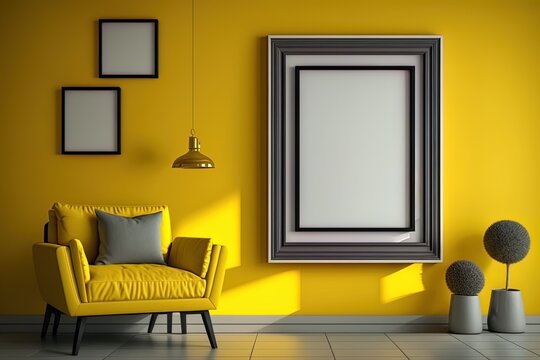 Photographic image of a frame in a contemporary living room with a yellow wall in the backdrop. Energizing interior. Generative AI