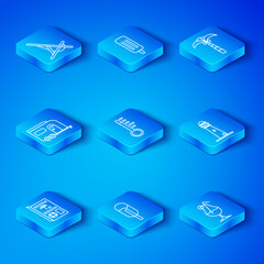 Set line Travel brochure, Meteorology thermometer, Ice cream, Lighthouse, Tropical palm tree, Rv Camping trailer, Sunbed and Cocktail and alcohol drink icon. Vector