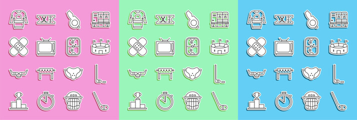 Set line Ice hockey stick, and puck, Hockey stadium, Whistle, Retro tv, Crossed bandage plaster, jersey and Air table icon. Vector