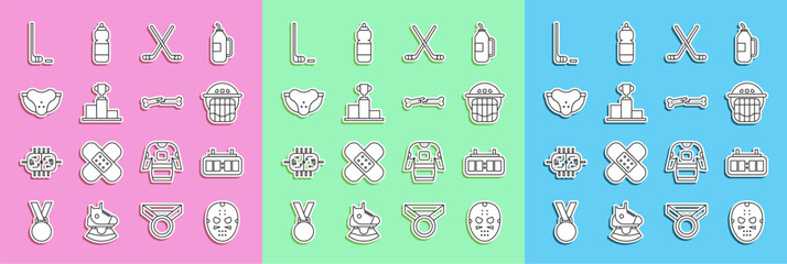 Set line Hockey mask, mechanical scoreboard, helmet, Ice hockey sticks, over sports winner podium, Protective jockstrap, and puck and Human broken bone icon. Vector