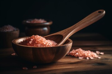 Wooden spoon holds Himalayan pink salt. Generative AI