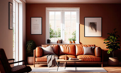 warm living room with a brown sofa and a large wooden frame, Scandinavian style. Generative AI