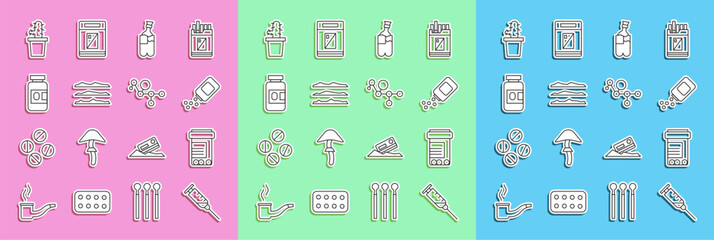 Set line Syringe, Medicine bottle and pills, Bong for smoking marijuana, Cocaine heroin drug, Cactus peyote pot and Cannabis molecule icon. Vector