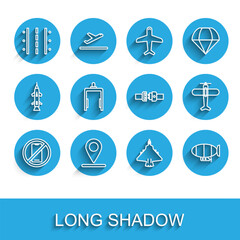 Set line No cell phone, Location, Airport runway, Jet fighter, Airship, Metal detector in airport, Plane and Safety belt icon. Vector