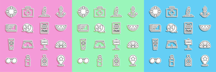 Set line Map pointer with star, Scallop sea shell, Watermelon, Surfboard, Speech bubble airplane, Travel ticket, Lifebuoy and Passport icon. Vector