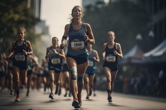 A high-resolution photo of a woman confidently running marathon, surrounded by diverse participants. Generative AI