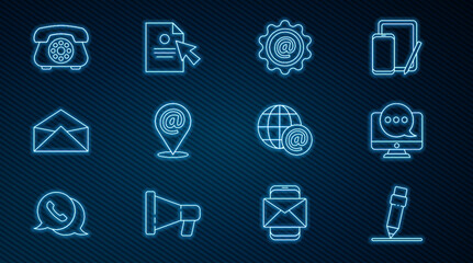 Set line Pencil with eraser, Chat messages notification on monitor, Mail and e-mail, Location, Envelope, Telephone, Earth globe and Document cursor icon. Vector