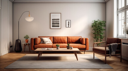 warm living room with a brown sofa and a large wooden frame, Scandinavian style. Generative AI