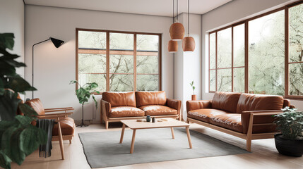 Fototapeta premium warm living room with a brown sofa and a large wooden frame, Scandinavian style. Generative AI