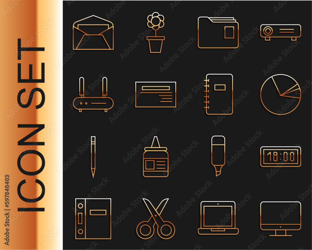 Poster set line computer monitor screen, digital alarm clock, pie chart infographic, document folder, busin