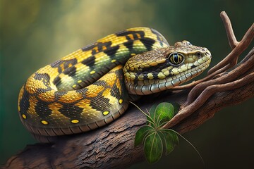 Fototapeta premium Maculata snake perched on a limb. A closeup of a boiga multo maculata. Generative AI