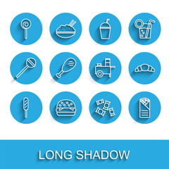 Fototapeta premium Set line Corn dog, Burger, Lollipop, Candy, Doner kebab, Chicken leg, Croissant and Fast street food cart icon. Vector