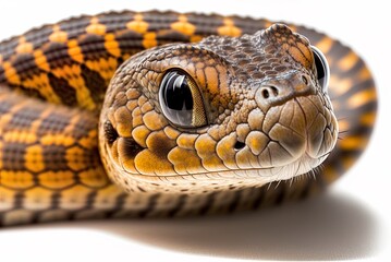 Obraz premium Isolated white backdrop with a close-up of a hognose snake's head. an up-close look at a hognose snake. Generative AI