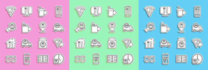 Set line Round the clock delivery, Online ordering pizza, Fast by car, Coffee cup to go, and, Slice and Cafe restaurant location icon. Vector