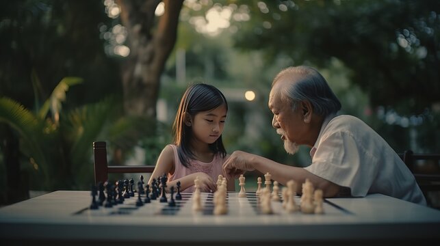 A touching image of an Asian elderly man teaching his granddaughter how to play chess, capturing the authenticity of intergenerational bonding. Generative AI